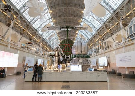 Moscow, Russia - November 28, 2018: Interior exhibition in the Space pavilion at VDNH. Modern museum of russian cosmos exploration