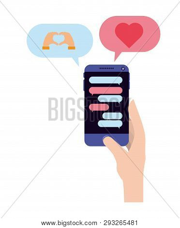 Hand Chatting With Smartphone Sending Emojis Vector Illustration Design