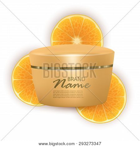 Face Cream Based On Oranges, Realistic Cream On Orange Slices Background. Vector 3d Illustration