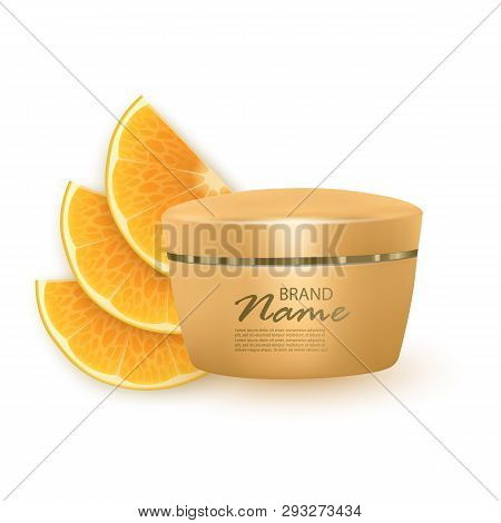 Face Cream Based On Oranges, Realistic Cream On Orange Slices Background. Vector 3d Illustration