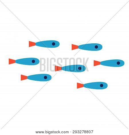 Blue Fish Shoal Flat Illustration On White. Marine And Undewater Life Series.