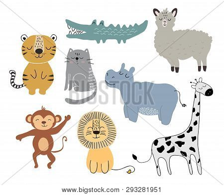Cute Animals Set. Childish Vector Illustration Scandinavian Stylr Design Concept For Card, Kids Clot