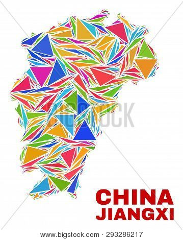 Mosaic Jiangxi Province Map Of Triangles In Bright Colors Isolated On A White Background. Triangular