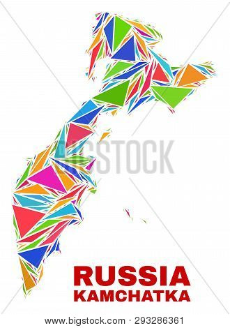 Mosaic Kamchatka Map Of Triangles In Bright Colors Isolated On A White Background. Triangular Collag