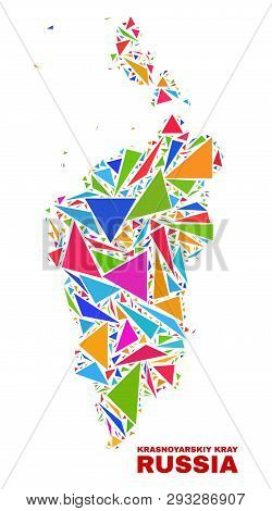 Mosaic Krasnoyarskiy Kray Map Of Triangles In Bright Colors Isolated On A White Background. Triangul