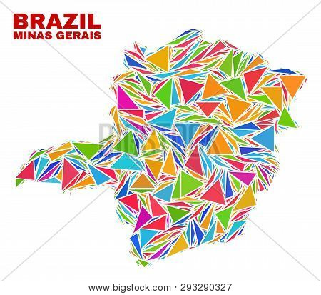 Mosaic Minas Gerais State Map Of Triangles In Bright Colors Isolated On A White Background. Triangul
