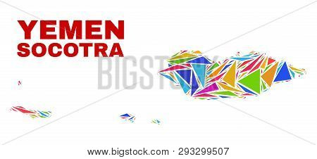 Mosaic Socotra Archipelago Map Of Triangles In Bright Colors Isolated On A White Background. Triangu