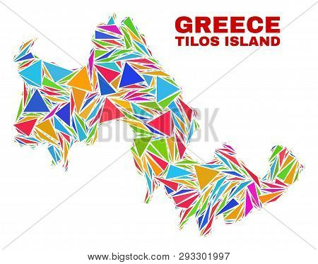Mosaic Tilos Island Map Of Triangles In Bright Colors Isolated On A White Background. Triangular Col