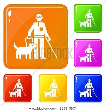 Invalid Person With Dog Icons Set Collection Vector 6 Color Isolated On White Background