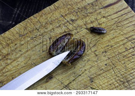 Hushaf - Date Milk, Traditional Ramadan Dish, Cooking, Ingredients, Pitted Date Dice, Knife And Date