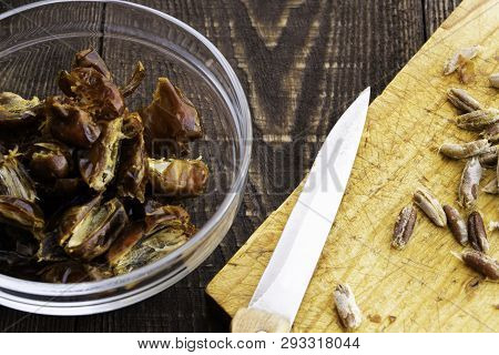 Hushaf - Date Milk, Traditional Ramadan Dish, Cooking, Ingredients, Pitted Dates In A Plate, Knife A