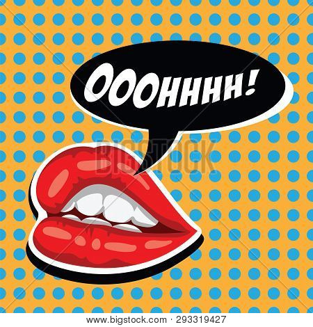 Woman Red Lips And Comic Speech Bubble. Female Mouth With Speech Bubble. Attractive Girl Lips And Op