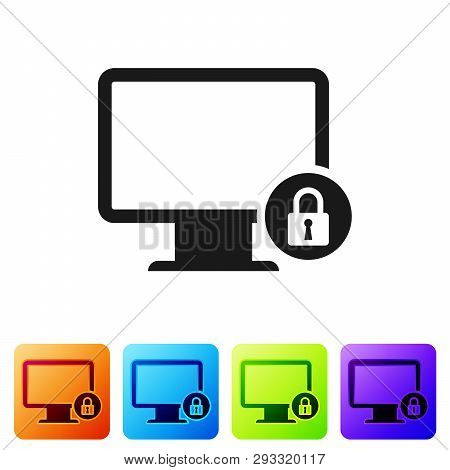Black Lock On Computer Monitor Screen Icon On White Background. Monitor And Padlock. Security, Safet