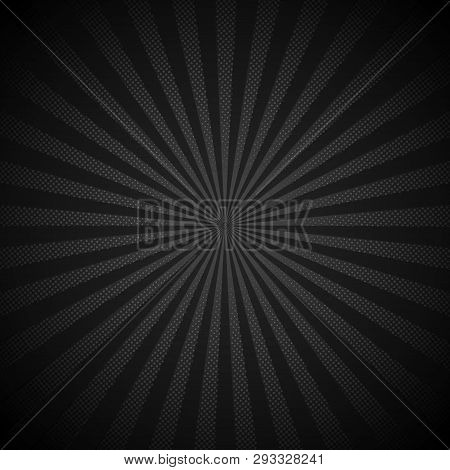 Absrtract Retro Shiny Starburst Black Background With Dots Pattern Texture Halftone Style. Vintage R