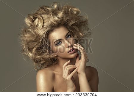 Beauty Sexy Blond Woman Touching Her Lips