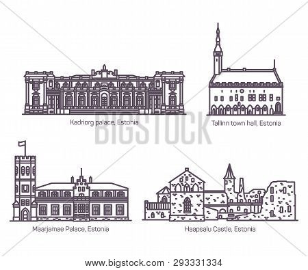 Set Of Isolated Estonia Or Estonian Old Buildings