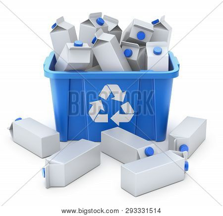 Juice Carton Boxes In Blue Recycle Crate On White Background- 3d Illustration