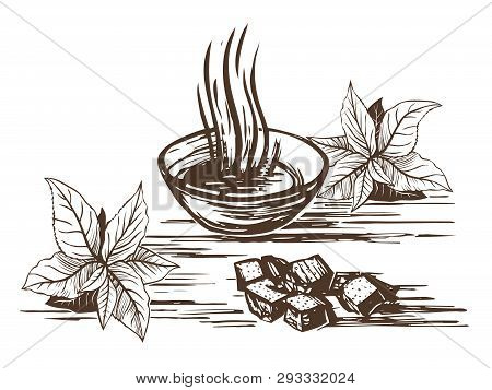 Oriental Tea. Cup With Hot Tea And Lumpy Sugar, Tea Leaves In A Set. Imitation Of Engraving. Scratch