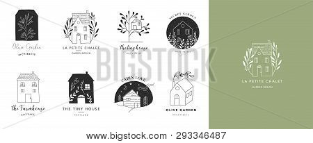 Collection Of The Hand Drawn Home, House Logos, Icons, Gardens And Cabins. Vector Illustrations