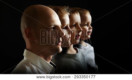 Father And Sons, The Concept Of Genetics And Heredity. Young Man And Sons Of Different Ages, Portrai