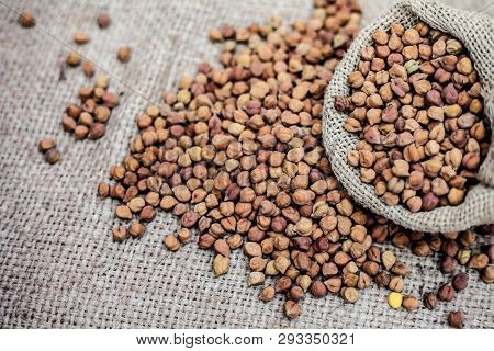 Close Up Shot Of Chickpea Or Chana Or Gram Or Cicer Arietinum In A Gunny Bag On A Brown Colored Back