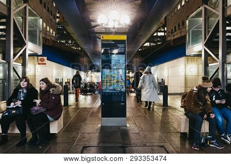 London, Uk - January 26, 2019: People Walking Inside Canary Wharf Docklands Light Railway Station. D
