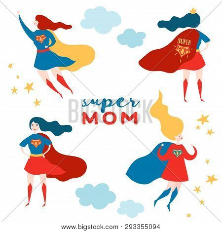 Mothers Day Greeting Card With Super Mom. Superhero Mother Character In Red Cape Design For Mother D