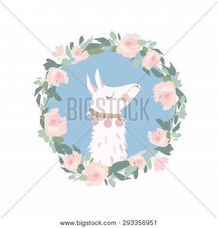 Cute Lama Face. Llama Cartoon Alpaca. Llama Animal Vector Isolated Illustration. Design For Card, St