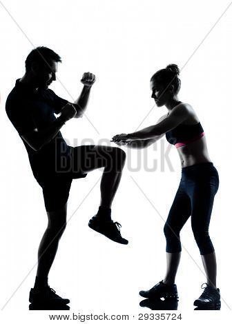 jeden pár muž žena cvičení cvičení aerobic fitness postoj celé délce silouhette studio ISO