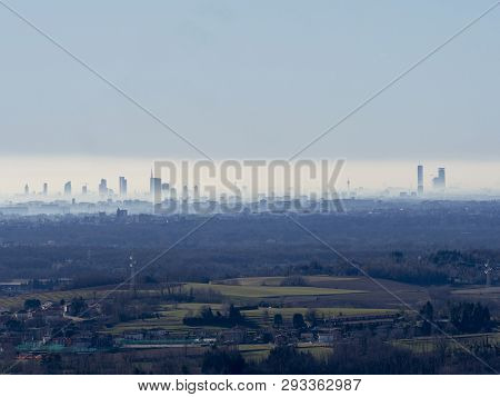 Montevecchia, Lecco, Brianza, Lombardy, Italy: Panoramic View Of Milan And Its Skyscrapers