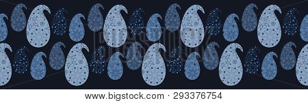 Indigo Blue Dye Paisley Damask Border Illustration.