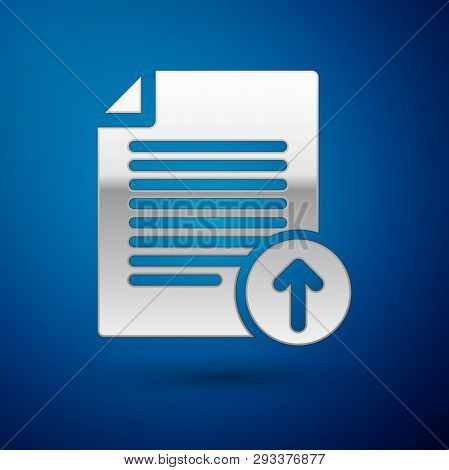 Silver Upload File Icon Isolated On Blue Background. File Document Symbol. Document Arrow. Vector Il