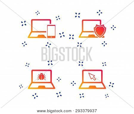 Notebook Laptop Pc Icons. Virus Or Software Bug Signs. Shield Protection Symbol. Mouse Cursor Pointe