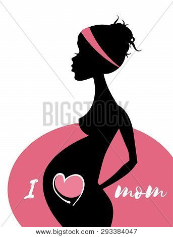 Silhouette Of Enceinte Woman With I Love Mum Text Over White Background. Minimal Style