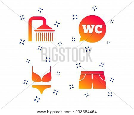Swimming Pool Icons. Shower Water Drops And Swimwear Symbols. Wc Toilet Speech Bubble Sign. Trunks A
