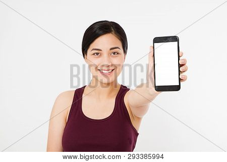 Portrait Of Smile Asian,korean Woman,girl Hold Blank Screen Cellphone, Isolated On White Background,