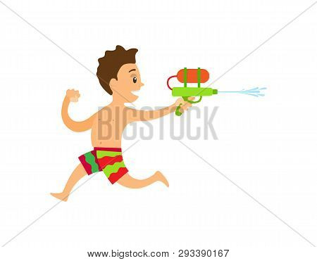 Teenager Running With Squirt Gun, Boy Wearing Colorful Shorts, Child Playing Water Game, Summer Acti