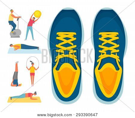 Sport And Exercise, Sport Footwear Or Sneakers And Fitness Vector. Exercise Bike And Bending Over Wi