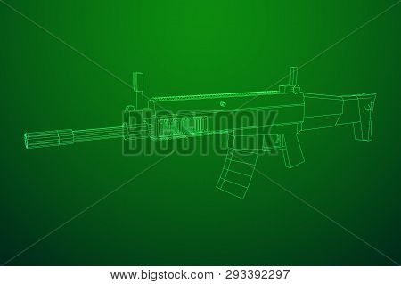 Assault Rifle, Automatic Fire Rifle Model Wireframe Low Poly Mesh Vector Illustration