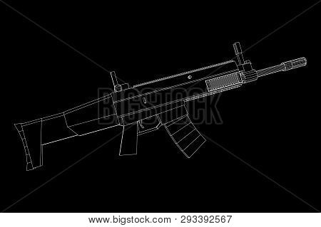 Assault Rifle, Automatic Fire Rifle Model Wireframe Low Poly Mesh Vector Illustration