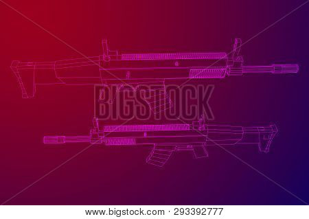 Assault Rifle, Automatic Fire Rifle Model Wireframe Low Poly Mesh Vector Illustration