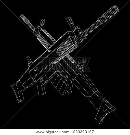 Assault Rifle, Automatic Fire Rifle Model Wireframe Low Poly Mesh Vector Illustration