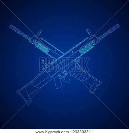 Assault Rifle, Automatic Fire Rifle Model Wireframe Low Poly Mesh Vector Illustration