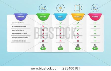 Parcel Delivery, Roller Coaster And Lift Icons Simple Set. Comparison Table. Bus Sign. Logistics Ser