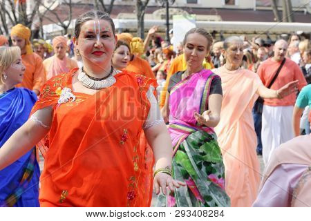 Ukraine, Odessa - April 1, 2019 Hare Krishna Members Sing And Dance During A Festive Procession Dedi