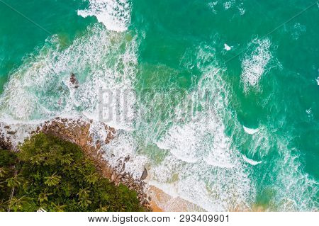 Aerial View Of Seabeach With Wave And Green Tree