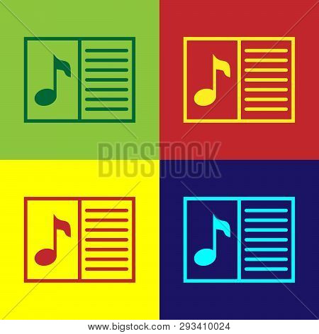 Color Music Book With Note Icon Isolated On Color Backgrounds. Music Sheet With Note Stave. Notebook