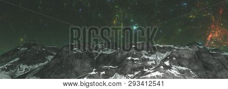 3d Illustration Of The Alien World In Space With Nebula And Stars. Planet In Space, Surface Of An Al