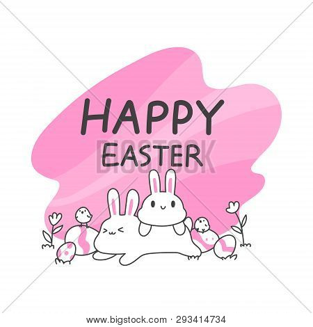 Cute Bunny And Chicks And Easter Eggs  Illustration