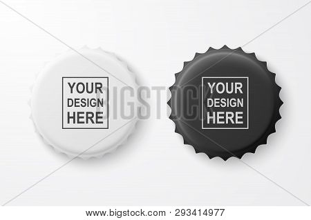 Vector 3d Realistic Black And White Blank Beer Bottle Cap Set Closeup Isolated On White Background. 